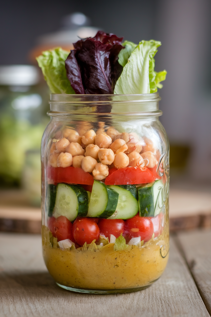 Indoor photo of a glass jar layered with vinaigrette, chickpeas, cucumbers, tomatoes, olives, and romaine. No text or logos.