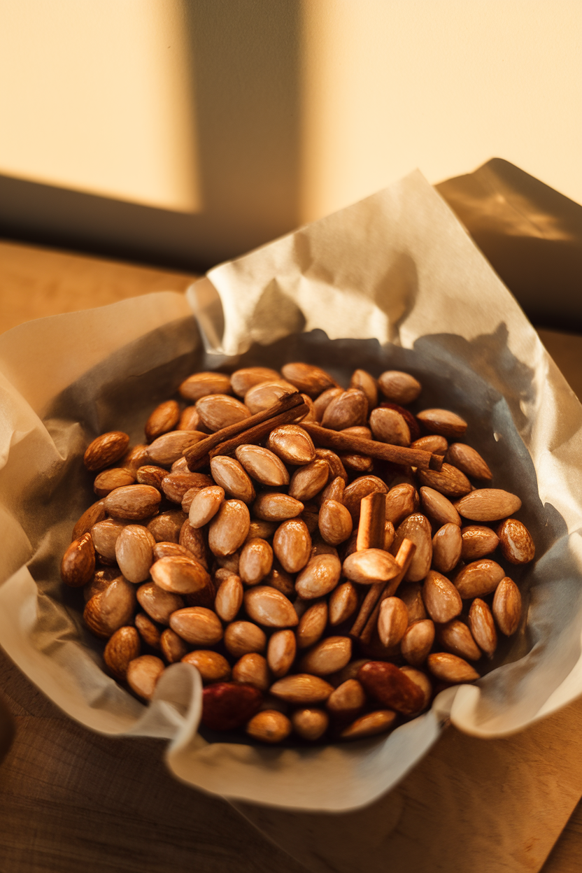 Photo of a bowl of glossy cinnamon-roasted almonds cooling on parchment indoors, no text or logos