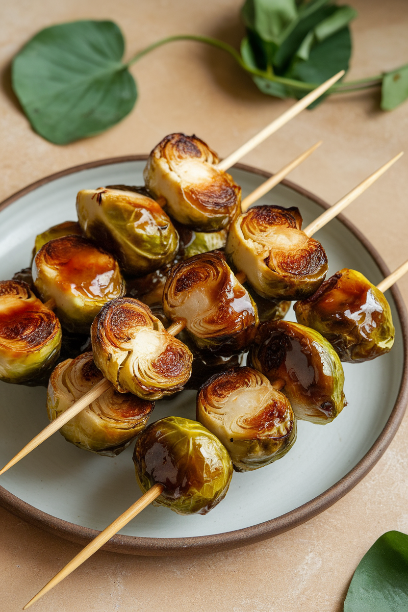 Indoor serving plate displaying wooden skewers threaded with roasted Brussels sprout halves coated in shiny miso glaze—photo, no text or logos.