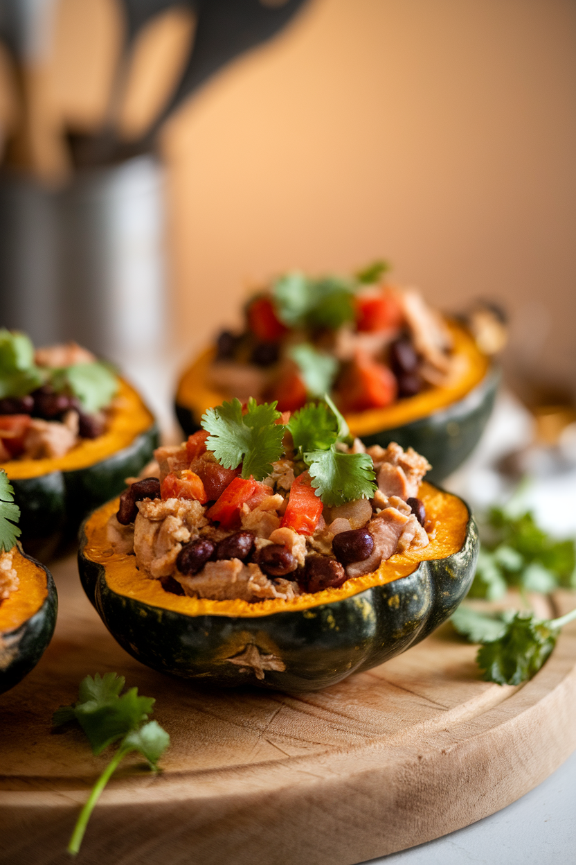 Indoor photo of roasted acorn squash halves brimming with turkey, black beans, and tomatoes, sprinkled with cilantro, no text or logos.