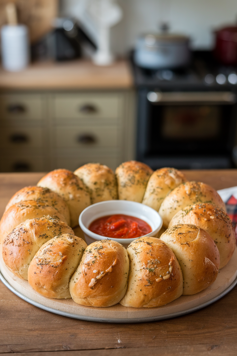 An indoor table with a circular pull-apart bread wreath brushed with garlic butter and sprinkled with herbs, small bowl of marinara in center. No text or logos, photo only.