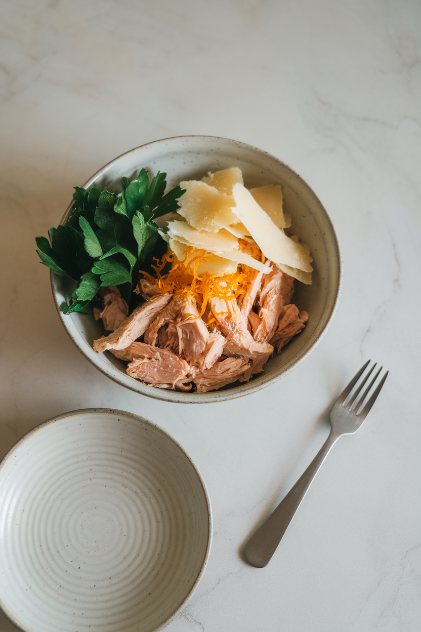 Indoor countertop showcasing a bowl of shredded chicken, flat-leaf parsley, shaved Parmesan, and lemon zest — no logos
