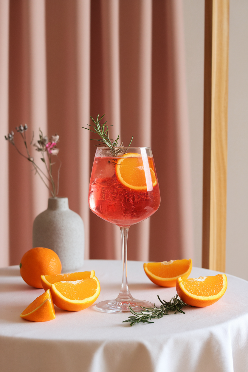 An indoor cocktail table featuring a large wine glass of coral-colored Aperol Spritz made with sparkling rosé, an orange slice floating. Photo, not illustration. No text or logos.