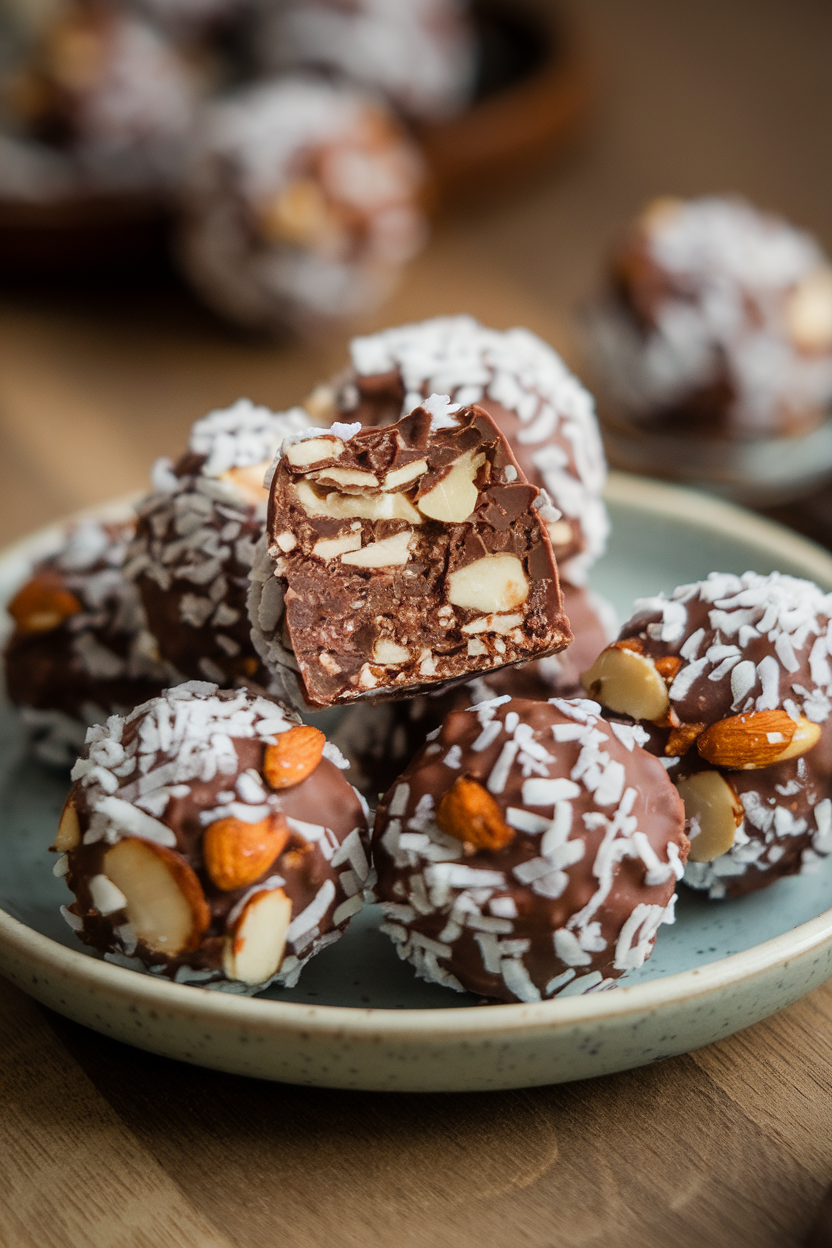 A small indoor plate with round chocolate-coconut-almond energy bites, cross-section showing chewy interior. No text or logos.</Prompt