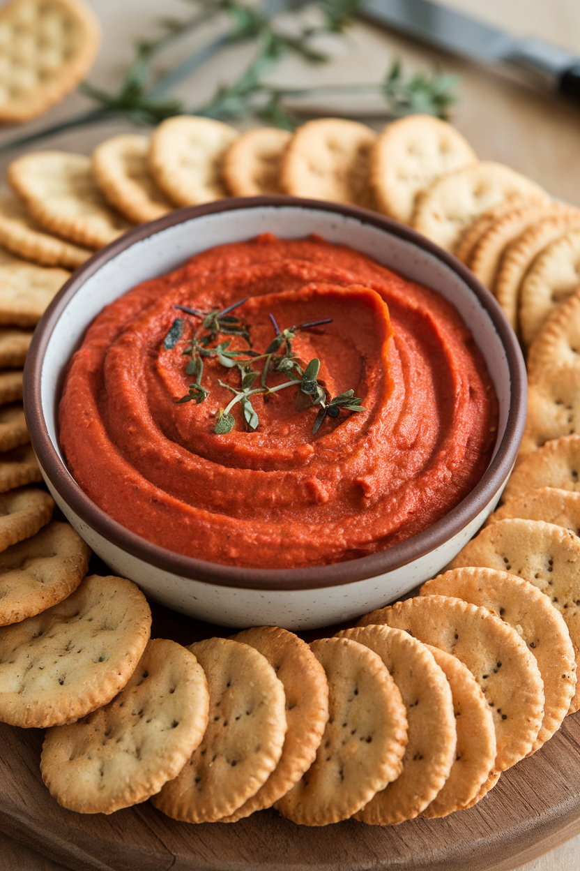 Indoor bowl of creamy red dip made from roasted peppers and cannellini beans, surrounded by whole-grain crackers—photo, no text or logos.