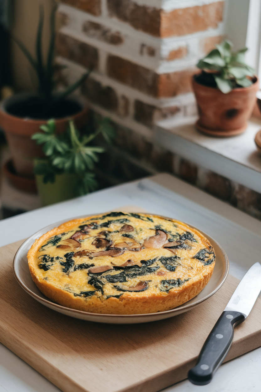 Indoor oven-top scene with a slice of golden frittata speckled with spinach and mushrooms on a simple white plate. Soft light, no text or logos; photo.