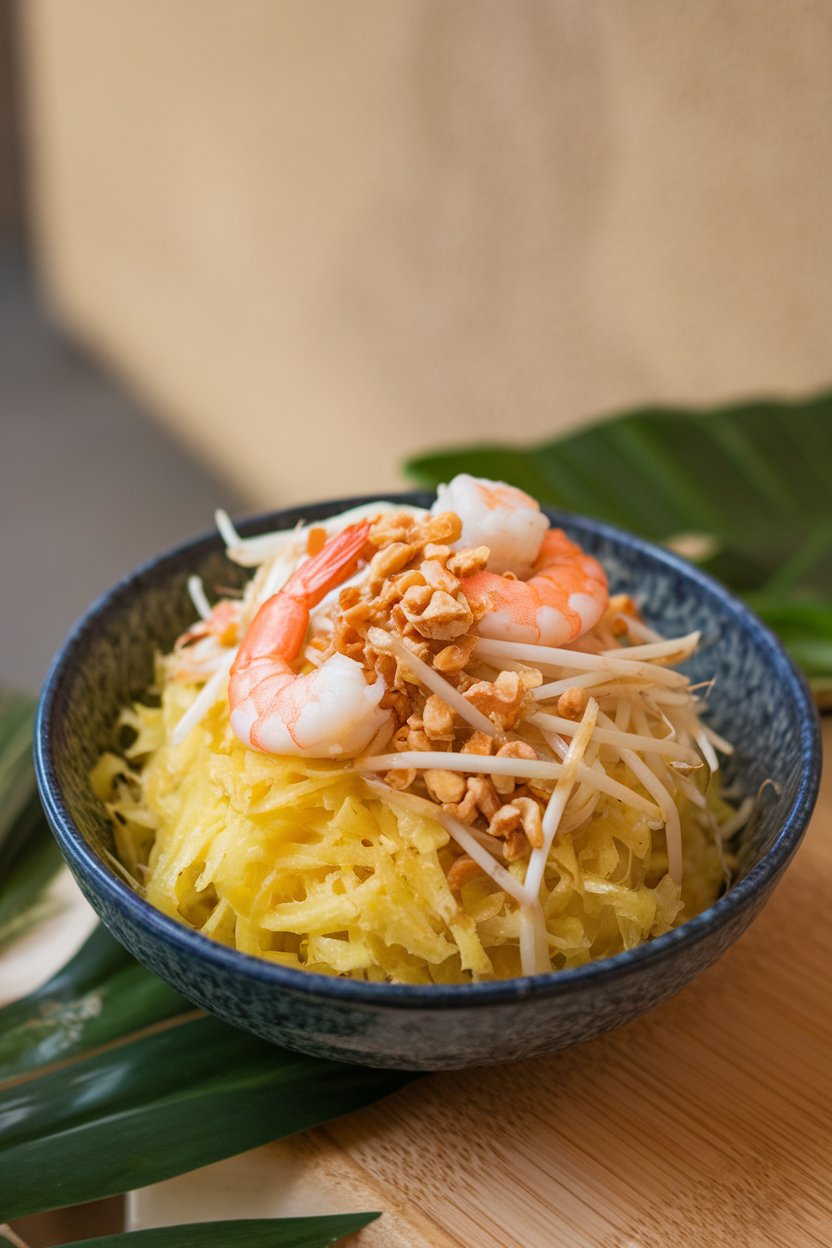 An indoor bowl filled with cooked strands of spaghetti squash tossed with shrimp, bean sprouts, and crushed peanuts. No text or logos.