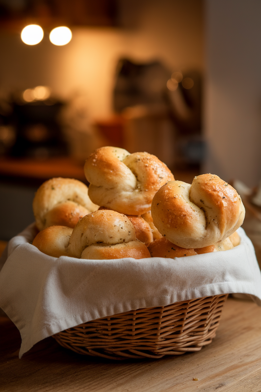 Photo of an indoor bread basket lined with cloth, filled with soft garlic parmesan knots glistening with butter; warm kitchen lighting, no text or logos
