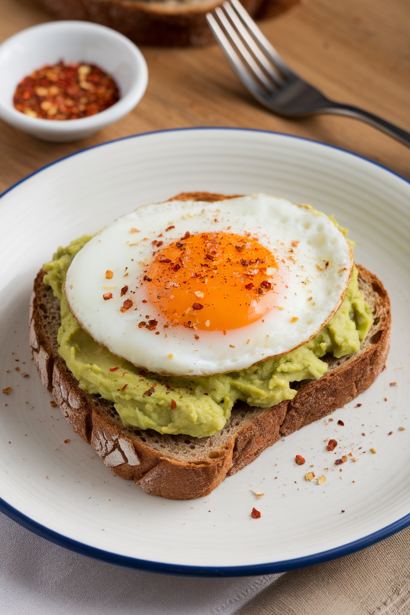 An indoor brunch plate with whole-grain toast topped with mashed avocado and a sunny-side-up egg, sprinkled with red pepper flakes. No text or logos. Photo only.