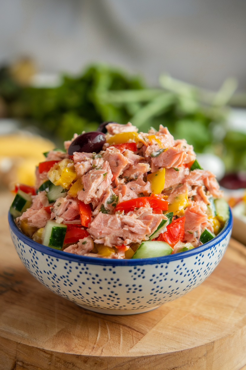 Indoor bowl filled with tuna, chopped bell peppers, olives, cucumber, and olive oil dressing. No text or logos. Photo, not illustration.