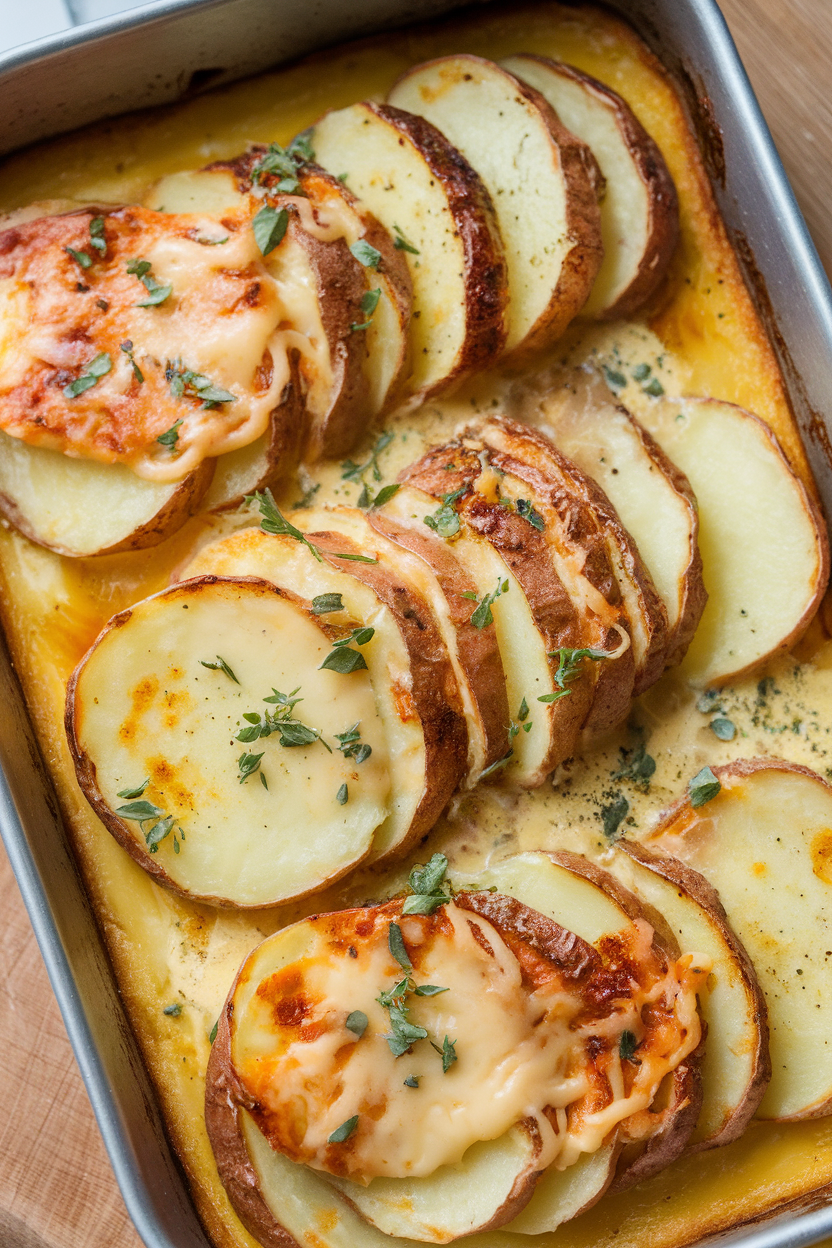 Indoor image of sliced scalloped potatoes layered with creamy sauce and melted smoked Gouda, browned edges visible. No text or logos.