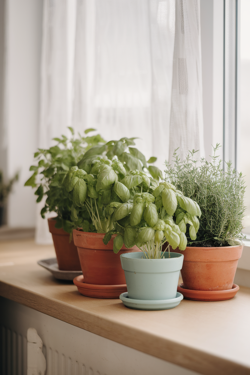 Indoor photo of potted basil, parsley, and thyme arranged on a sunny kitchen windowsill; no text or logos.