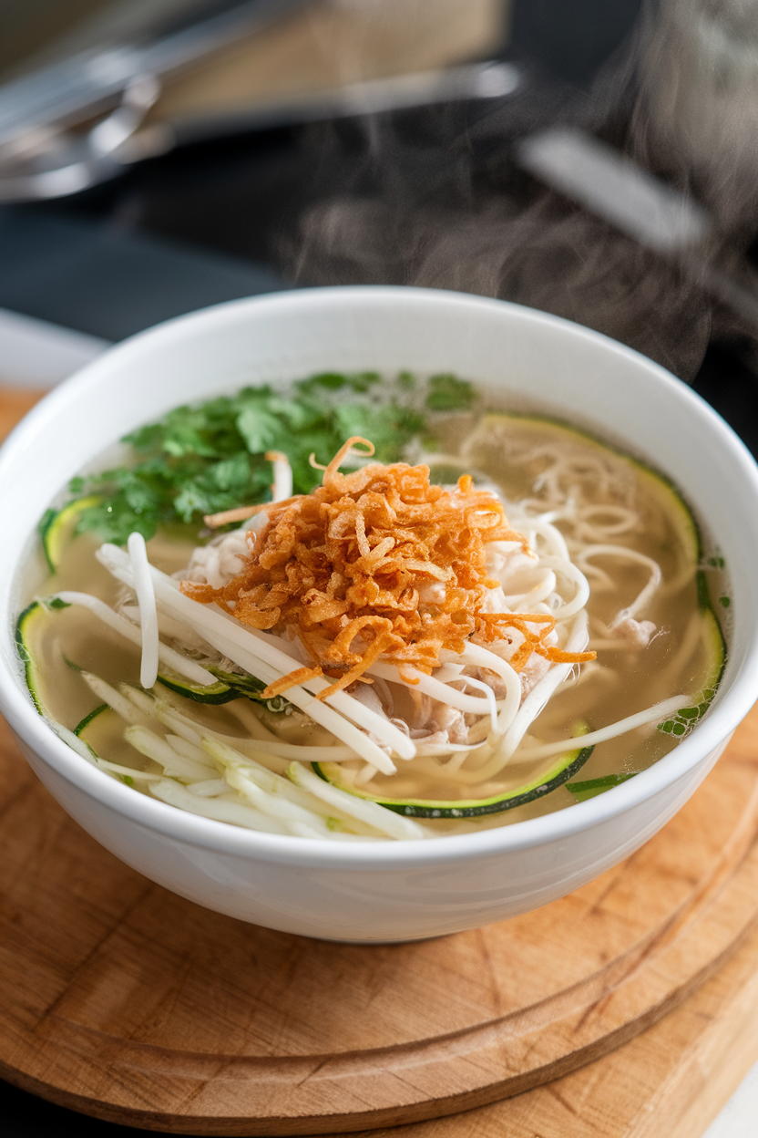 Indoor photo of a steaming bowl of clear turkey pho broth with zucchini noodles, bean sprouts, and fresh herbs, no text or logos.