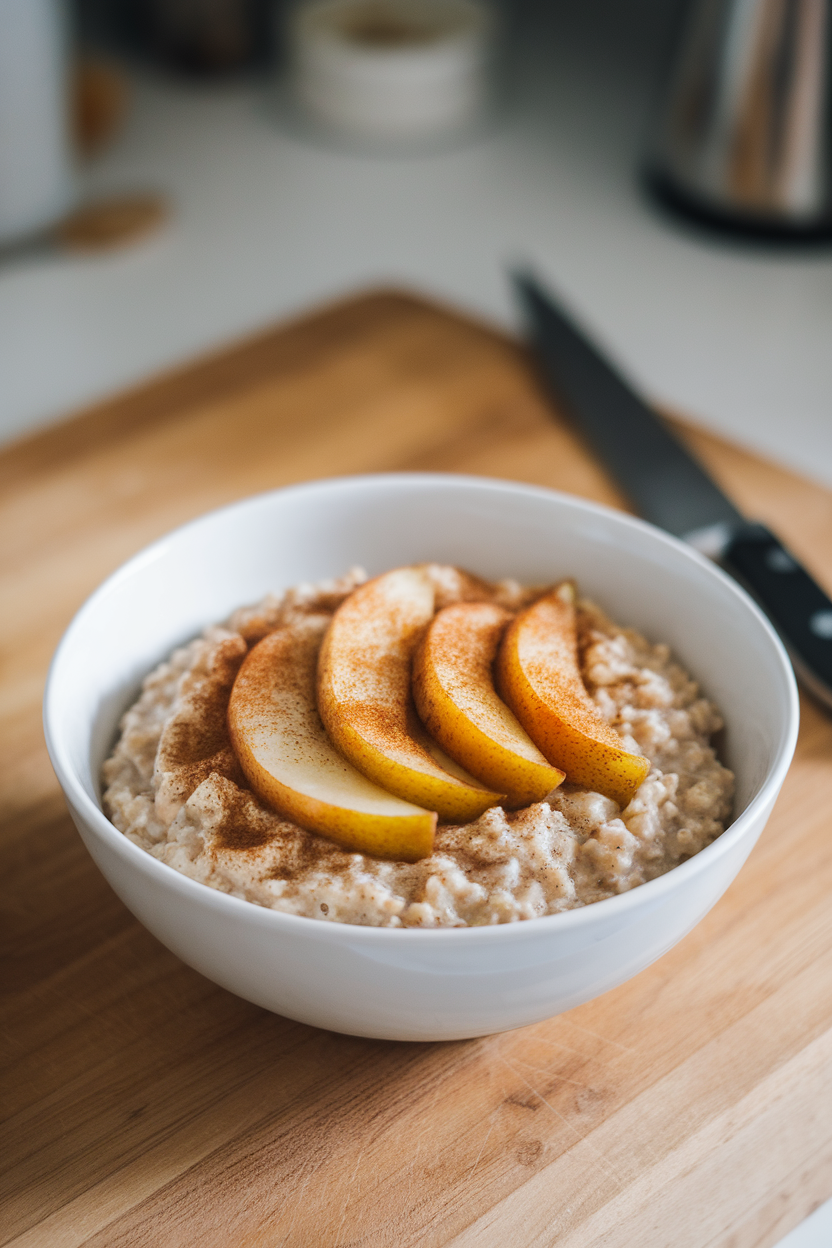 Indoor photo of oatmeal topped with caramelized pear slices and cinnamon in a white bowl, no text or logos.