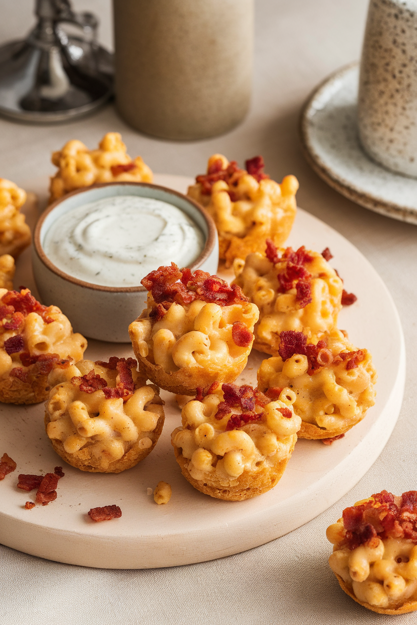 Indoor casual table with a board of crispy baked mac and cheese bites, bacon crumbles, and ranch dip; no visible logos or text.
