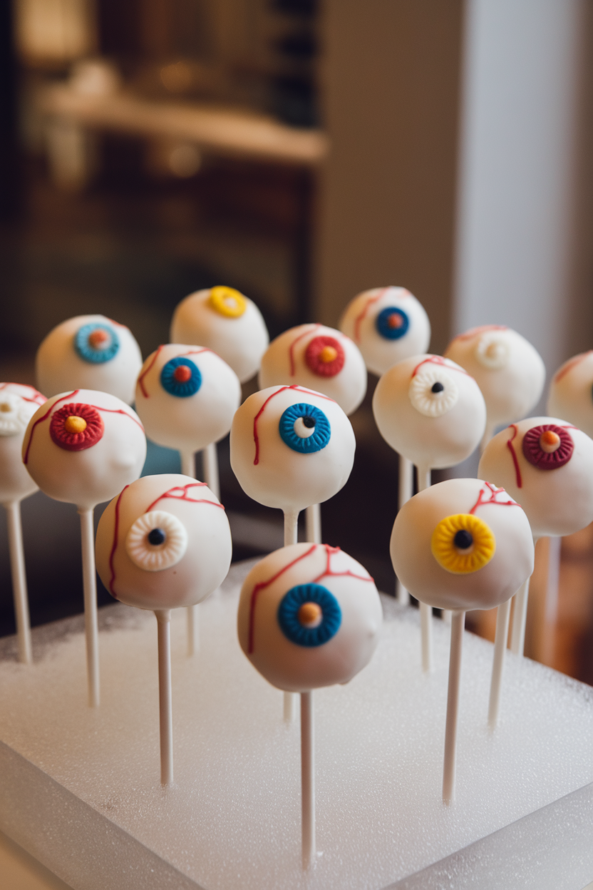 Cake pops coated in white chocolate with colored irises and red vein detailing, displayed indoors in a foam block, no text or logos.