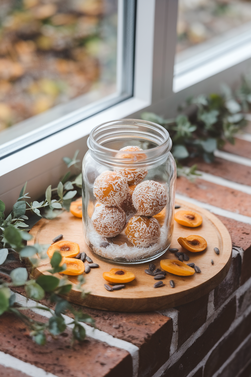 Photo of an indoor windowsill with apricot sunflower energy balls in a clear glass jar, orange apricot bits visible. No text or logos.