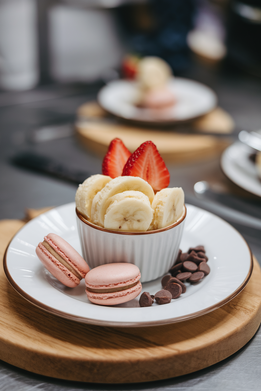 An indoor dessert plate featuring banana “nice cream” topped with sliced strawberries. No text or logos. Photo.