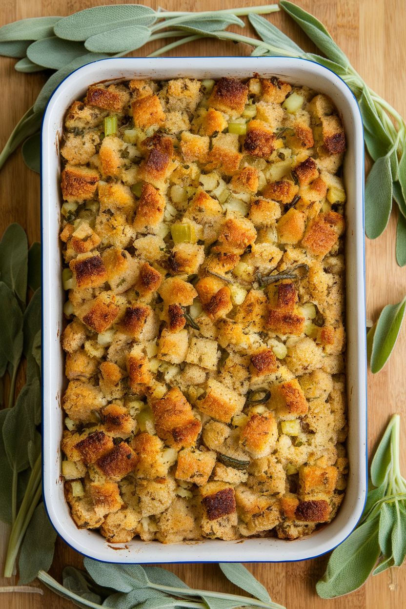 An indoor casserole dish of golden whole-grain bread stuffing flecked with celery and sage. Photo, no text or logos.