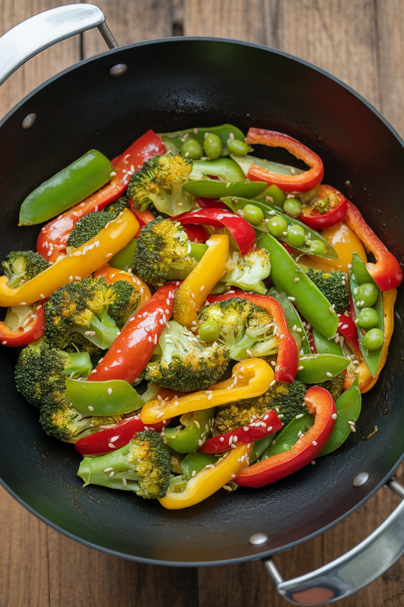 An indoor wok filled with colorful vegetables—broccoli, bell peppers, snap peas—glazed in a light sesame ginger sauce; no logos.