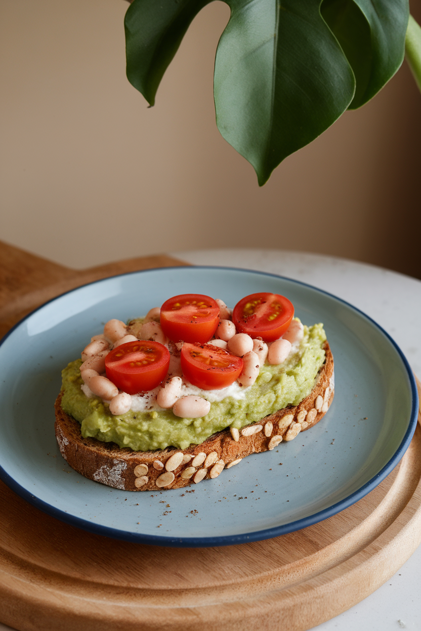 An indoor breakfast plate featuring whole-grain toast topped with mashed avocado, white bean smash, and cherry tomato halves. No text or logos.