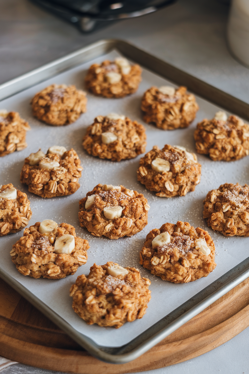 Indoor cookie-sheet photo of round breakfast cookies studded with oats and banana chunks, no text or logos.