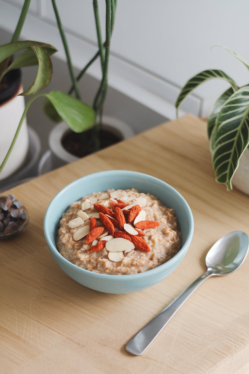 Indoor wellness breakfast bar with oatmeal sprinkled with rehydrated goji berries and sliced almonds. No text or logos. Photo.