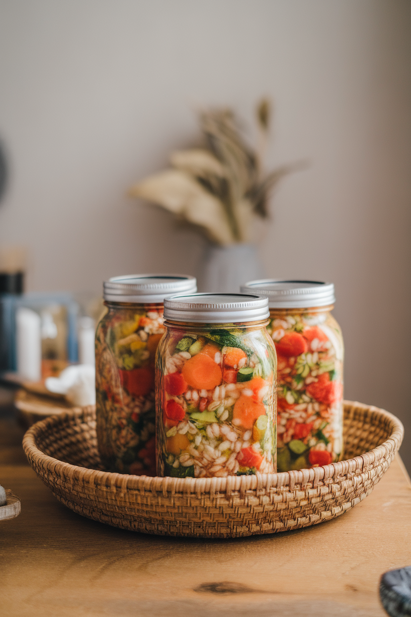 Indoor scene with mason jars filled with colorful vegetable barley soup, lids off to show chunky carrots, barley kernels, and tomatoes. No text or logos visible. Photo only.