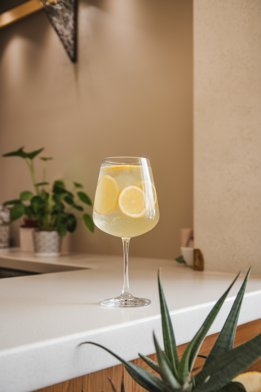 A modern indoor kitchen counter with a stemmed glass of pale yellow Limoncello Spritz, thin lemon wheels floating inside. Photo, not illustration. No text or logos.