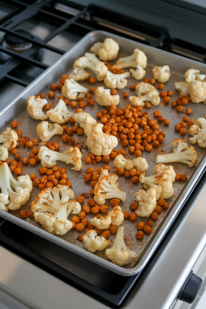 Photo of roasted cauliflower florets and chickpeas on a sheet pan, dusted with paprika, placed on an indoor stovetop. No text or logos visible.