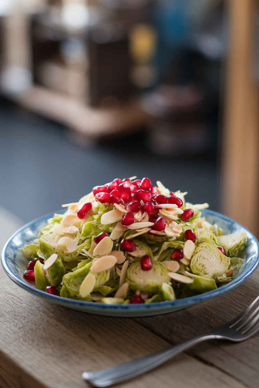 Photo of a salad plate topped with finely shaved Brussels sprouts, jeweled pomegranate seeds, and almond slivers, indoors. No text or logos.