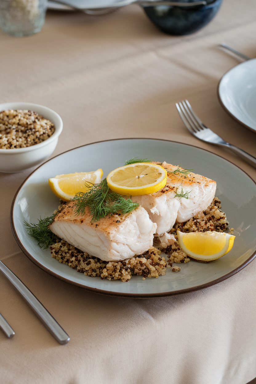 An indoor dining table with a baked cod fillet flaking gently, topped with fresh dill and lemon slices, served next to a small portion of quinoa. No text or logos; photo.