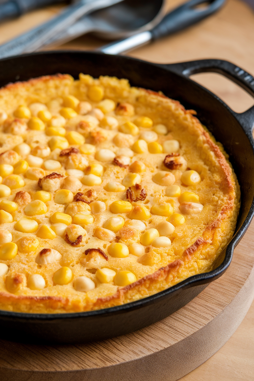 Indoor photo of a cast-iron skillet filled with golden corn pudding studded with kernels, no text or logos