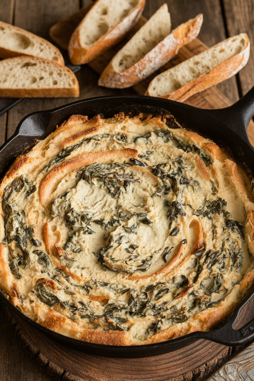 Indoor photo of a bubbling cast-iron skillet filled with creamy spinach-artichoke dip, a few toasted baguette slices fanned nearby. No text or logos.