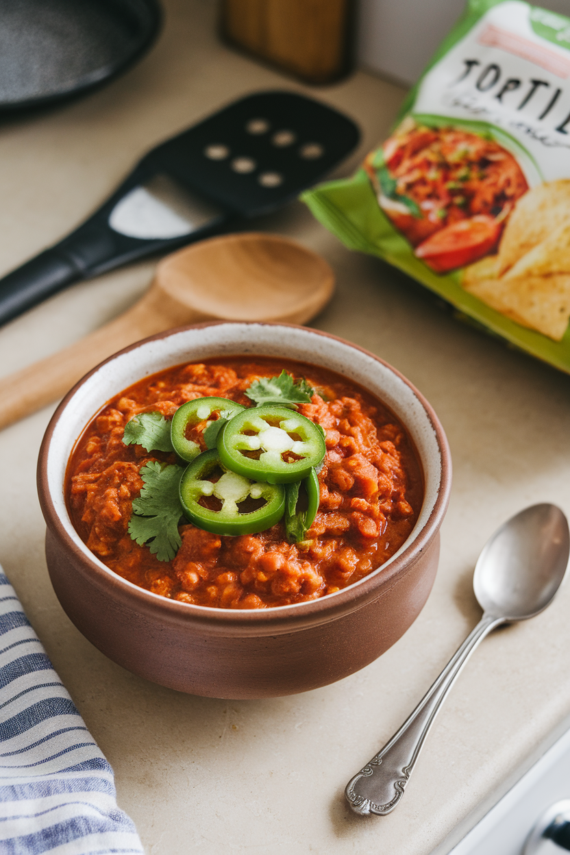 Indoor countertop with a ceramic bowl of hearty turkey chili topped with sliced jalapeños and cilantro; no text or logos, photo style.