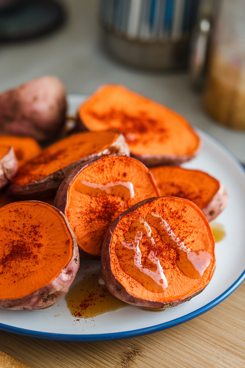 A white indoor platter with round roasted sweet potato slices brushed with maple syrup, sprinkled with smoked paprika. Photo only, no text or logos.