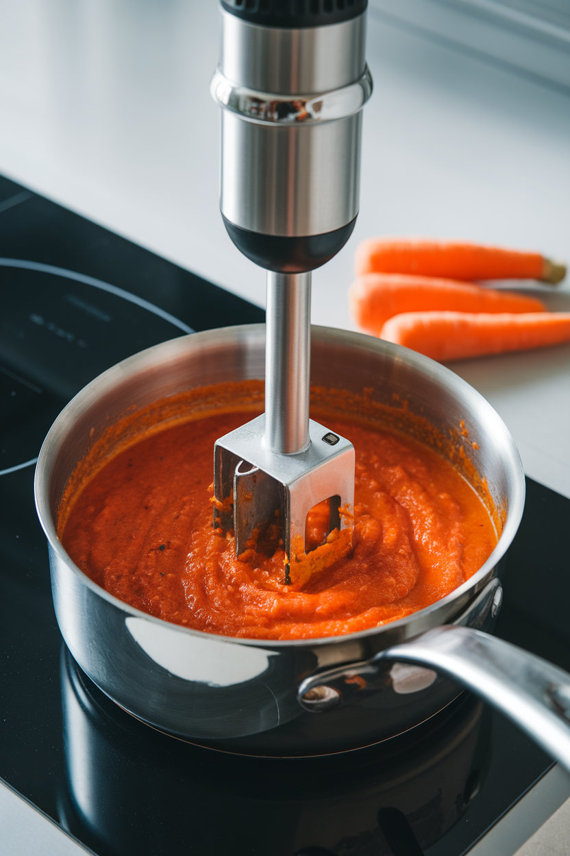An indoor saucepan filled with orange-red pasta sauce being blended with an immersion blender, carrot pieces visible on the spoon rest. No text or logos.