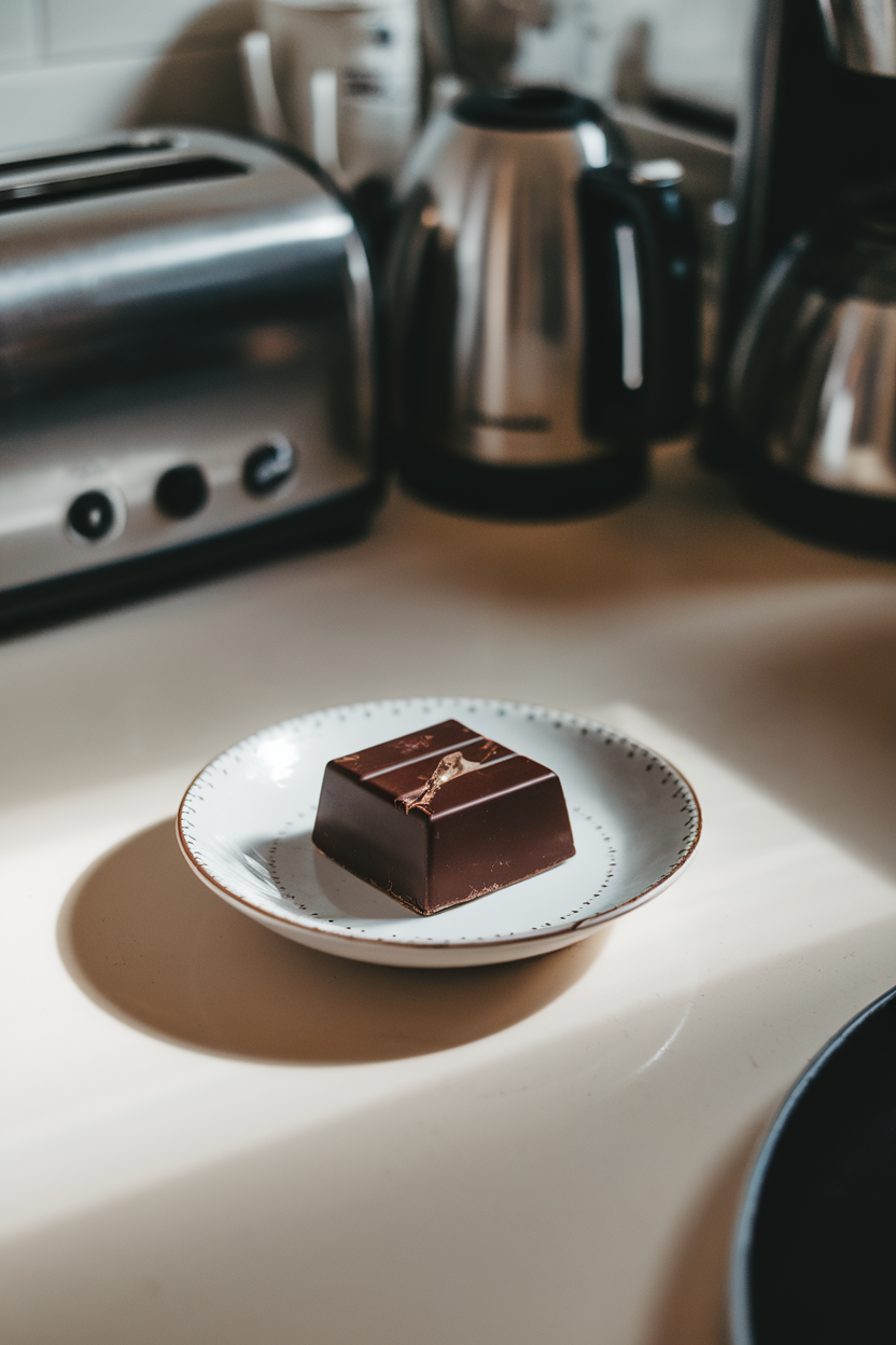 A small square of dark chocolate placed in the center of a white saucer on a kitchen counter, indoor lighting casting a gentle shadow. No text or logos.