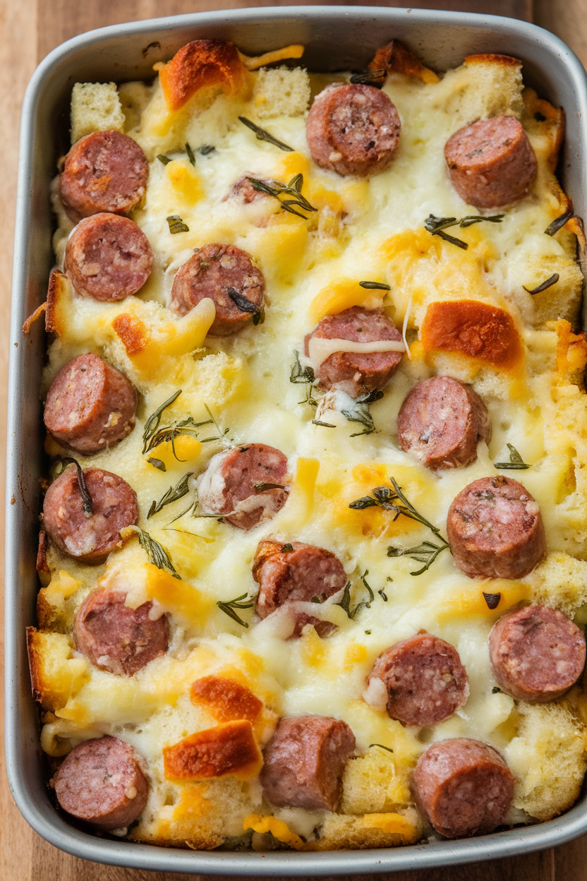 Photo of an indoor baking dish filled with browned sausage, cubes of bread, and herbs bound together with egg, cheese melted on top. No text or logos visible.