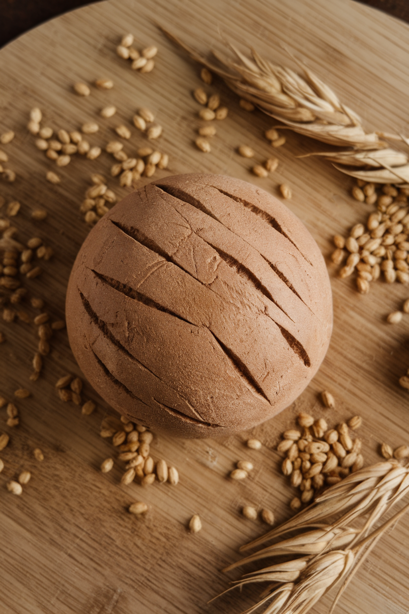 An indoor wooden board holding a round boule with deep scores, barley grains scattered around. No text or logos. Photo only.