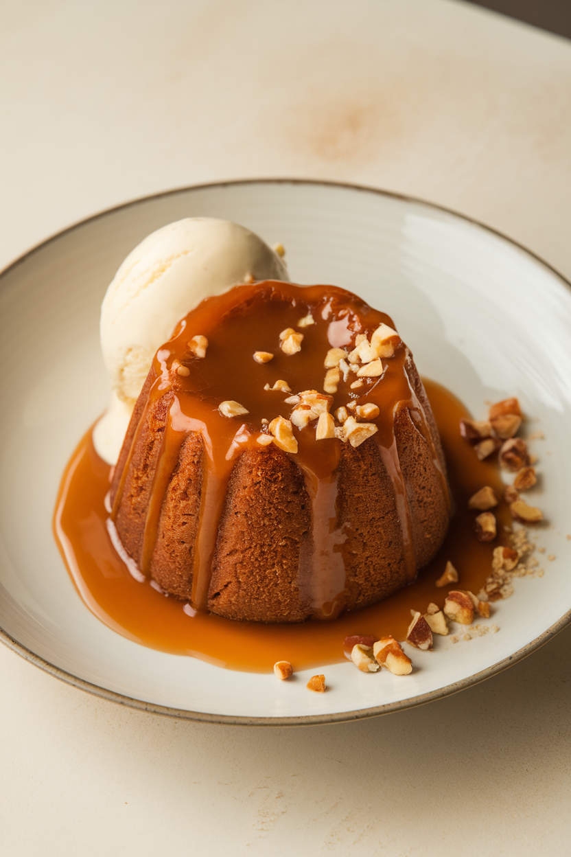 Indoor photo of warm sticky toffee pudding drizzled with caramel sauce in a small bowl, no text or logos