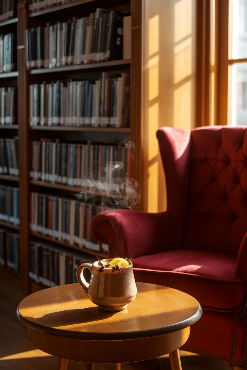 An indoor library setting featuring a ceramic mug of steaming Scotch toddy with a twist of lemon and whole cloves studded in. No text or logos; photograph, not illustration.