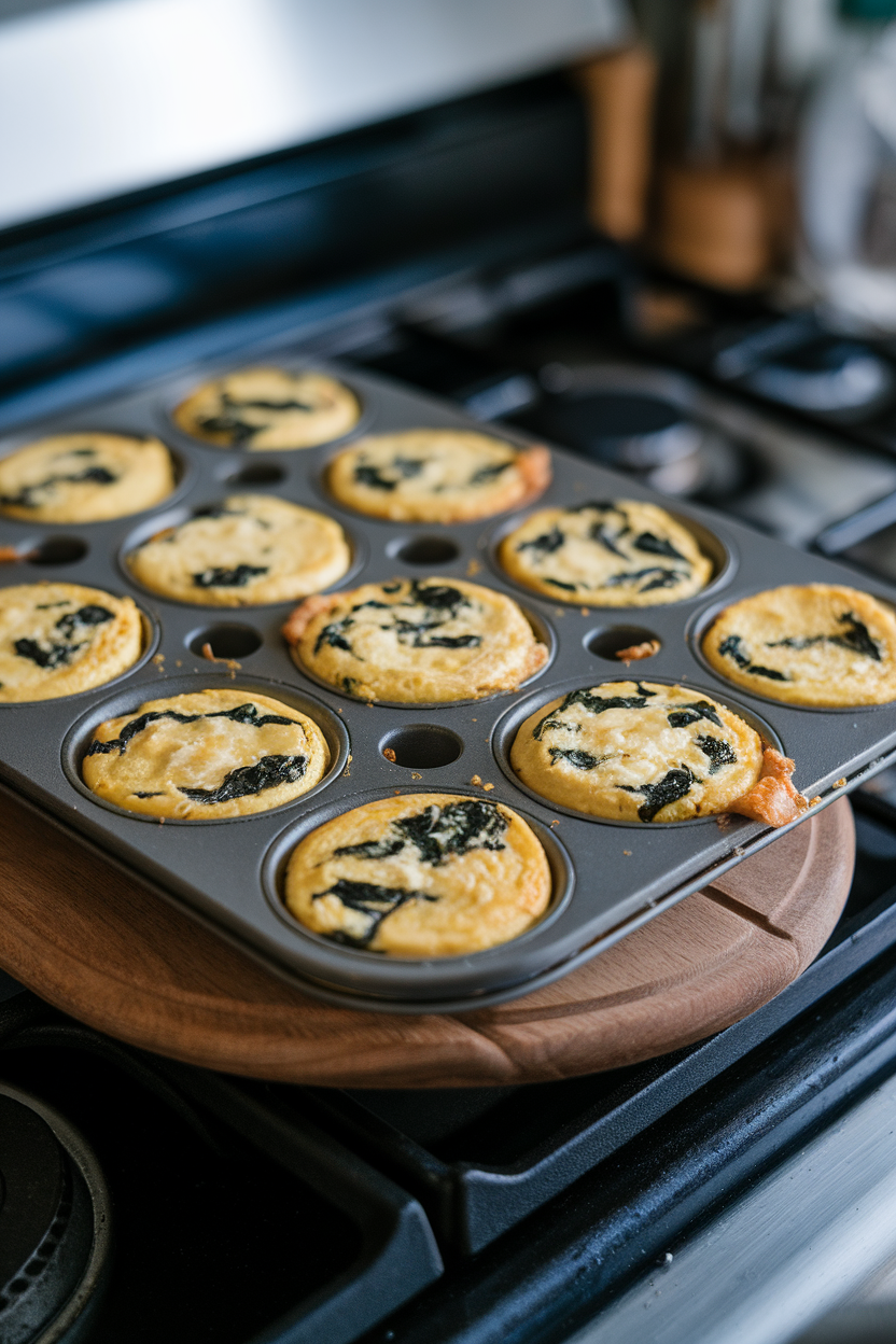 A muffin tin on an indoor stovetop holding golden mini frittatas studded with spinach and feta, captured from overhead. No text or logos.