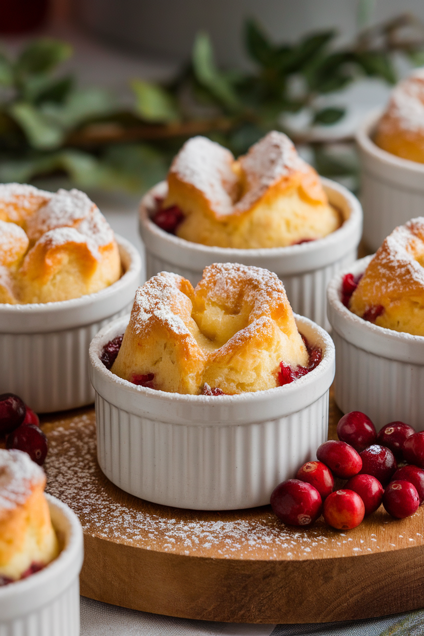 Individual ramekins indoors holding cranberry orange bread puddings, centers puffed, powdered sugar lightly dusted. No text or logos. Photo.
