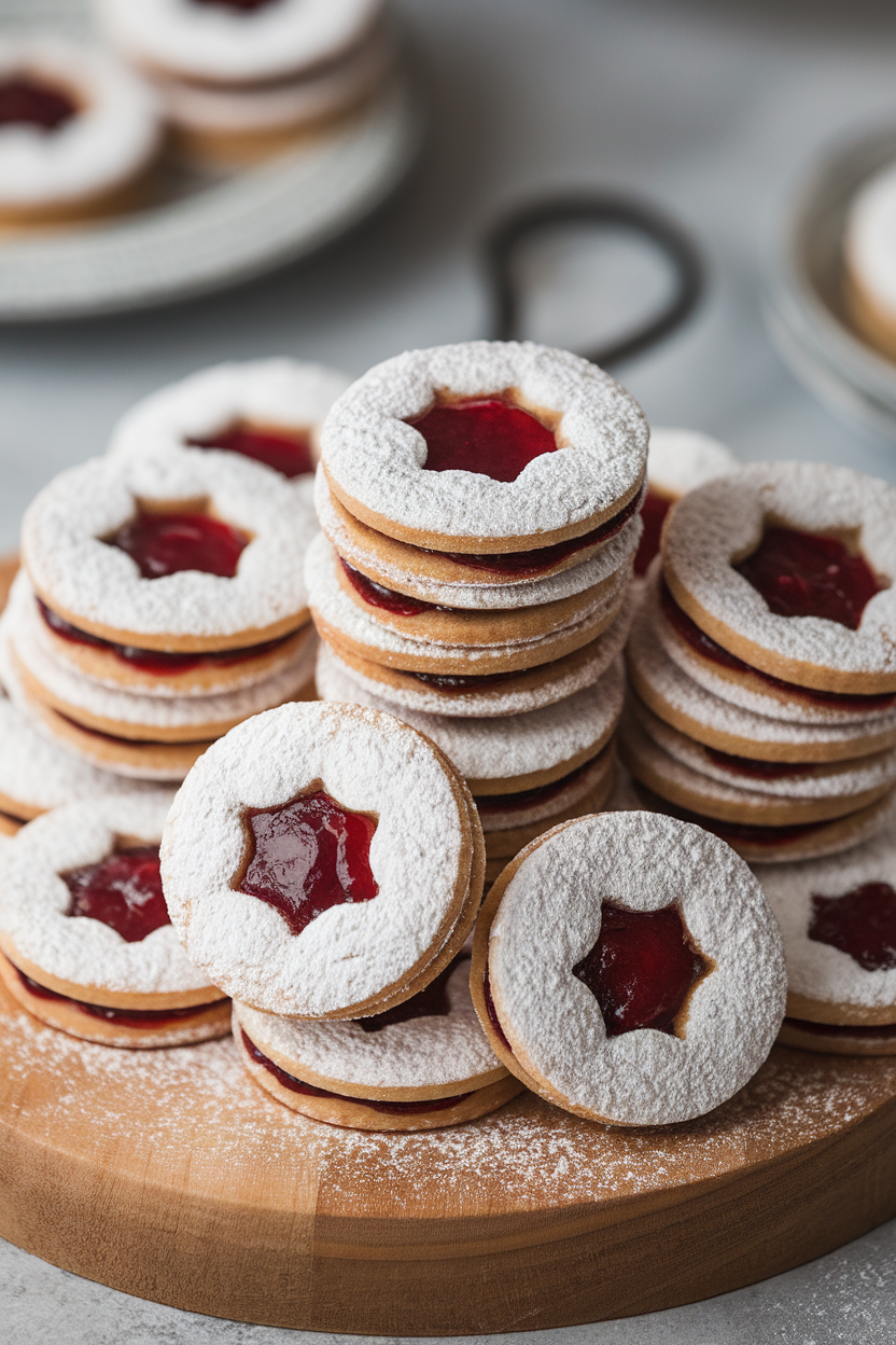 Indoor photo of Linzer cookies with cherry jam centers and powdered sugar dusting, stacked irregularly, no text or logos