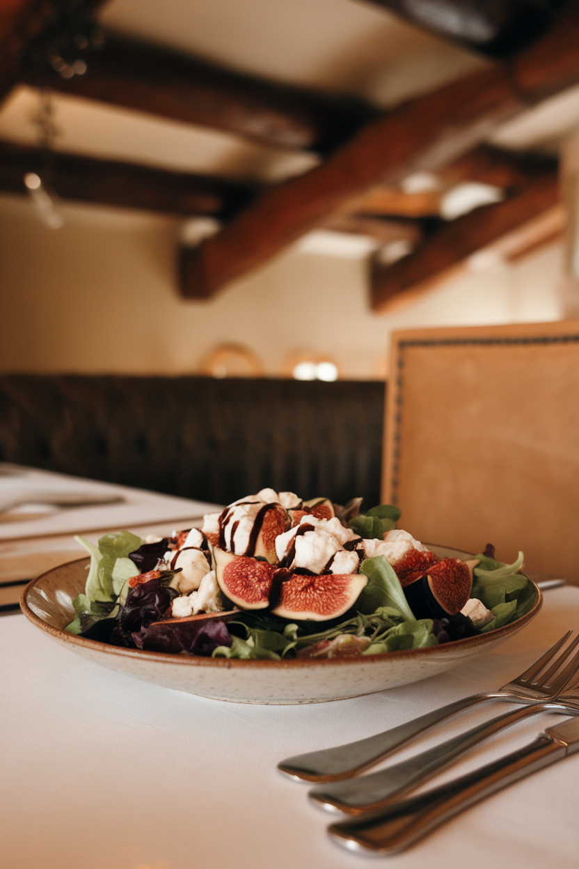 Indoor dining table with a shallow salad bowl holding mixed greens, quartered figs, crumbled goat cheese, and a light drizzle of balsamic vinaigrette. No text or logos.