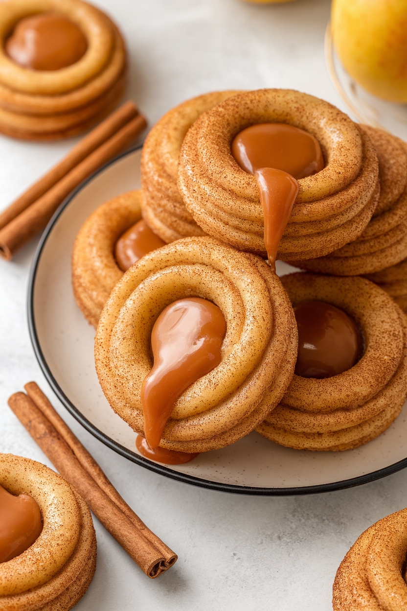 Indoor plate with apple cider snickerdoodles showing caramel centers oozing slightly, cinnamon sticks nearby. Photo, no text or logos.