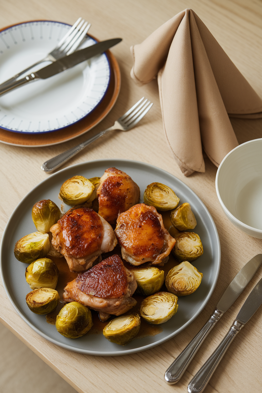 Indoor dining table featuring browned chicken thighs and halved Brussels sprouts coated in a glossy maple-mustard glaze. No logos or text.