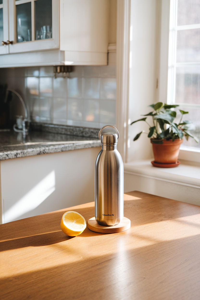 A stainless-steel water bottle and a sliced lemon on a wooden dining table inside a sunlit kitchen; no text or logos; photo