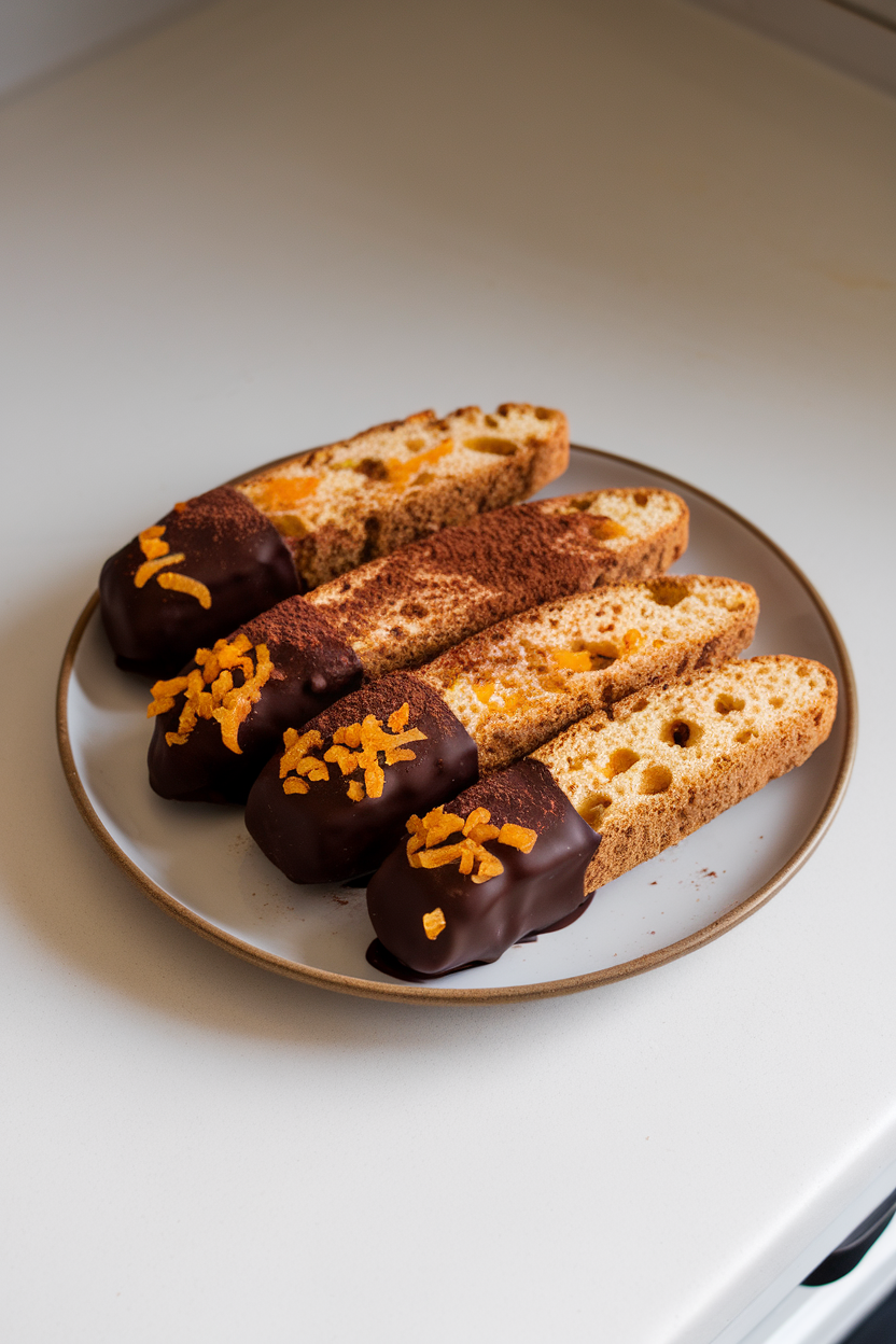 Indoor countertop photo of biscotti ends dipped in dark chocolate and sprinkled with candied orange peel bits; no text or logos.